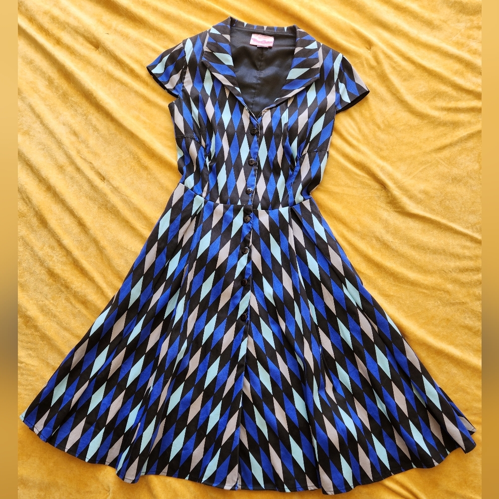 EUC XS Pinup Girl Clothing Ravenclaw/Blue Harlequin-Print Button-Up Dress